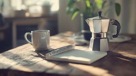 Coffee maker and coffee cup on the table in the morningの写真素材