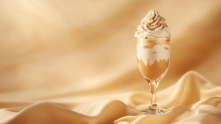 Delicious ice cream with whipped cream in glass on golden cloth, closeupの写真素材