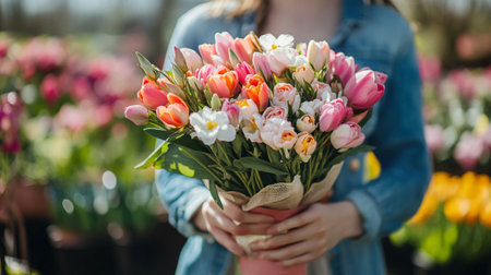 Woman holding a bouquet of tulips in her hands. Selective focus.の写真素材
