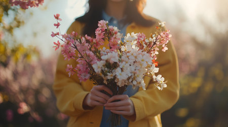 A girl in a yellow coat holds a bouquet of flowers in her hands.の写真素材