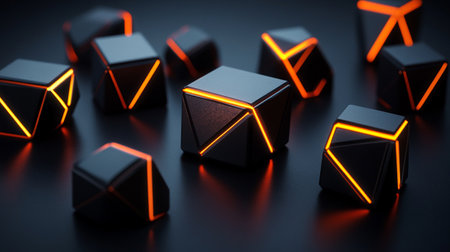 Abstract 3d rendering of black cubes with orange neon lights on dark backgroundの写真素材