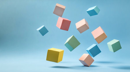 Colorful cubes flying in the air on a blue background. 3d renderingの写真素材
