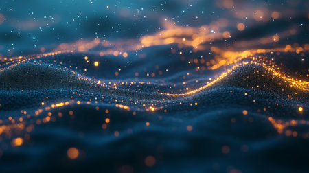 3d rendering of glowing particles in empty space. Futuristic background with depth of field and bokeh effect. 3d renderの写真素材