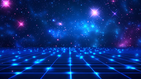 abstract futuristic background with glowing lines and stars in cyberspaceの写真素材