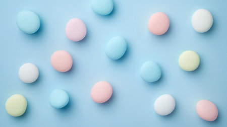 Colorful candies on blue background. Flat lay, top viewの写真素材