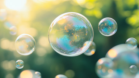 Soap bubbles on green nature background. Colorful soap bubbles floating in the air.の写真素材