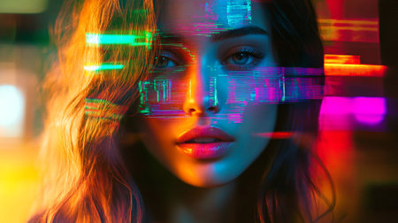 Portrait of a beautiful young woman in the light of neon.の写真素材