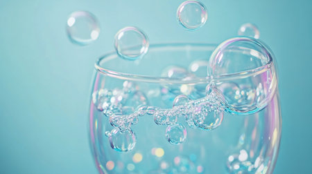Bubbles in a glass of water on a blue background.の写真素材