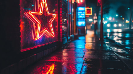 Illuminated neon sign on the street at night in the cityの写真素材