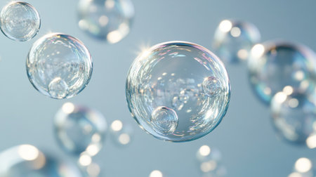 Soap bubbles on a blue background. 3d render illustration.の写真素材