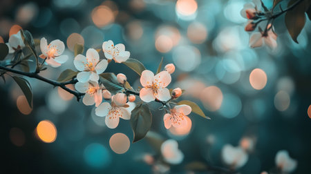 Blossoming branch of cherry on a background of bokehの写真素材