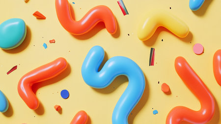 Colorful balloons on a yellow background. Flat lay, top view.の写真素材