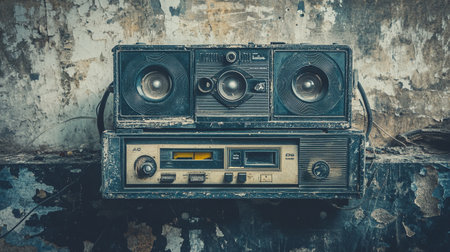 Vintage radio and cassette player on grunge wall background. Retro style.の写真素材