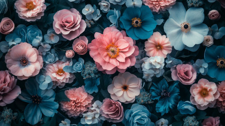 Beautiful pink, blue and white rose flowers background. Color of the year 2019.の写真素材