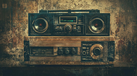 Vintage radio on grunge background. Retro style toned imageの写真素材