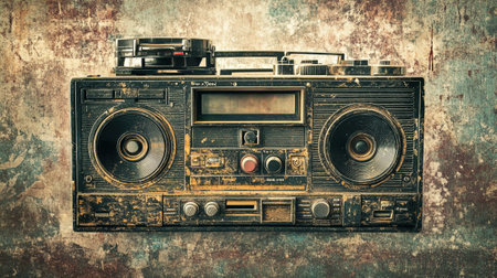 Vintage radio on grunge background. Photo in old color image style.の写真素材