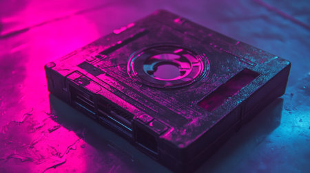 Vintage audio cassette tape in neon light. Retro music concept.の写真素材