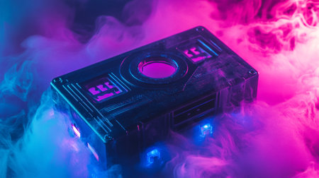 Vintage audio cassette tape on a dark background with blue and pink smokeの写真素材