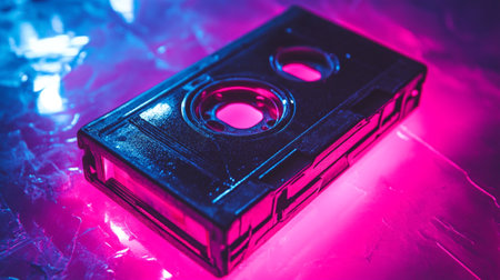Vintage tape cassette on a pink background. Retro style photo.の写真素材