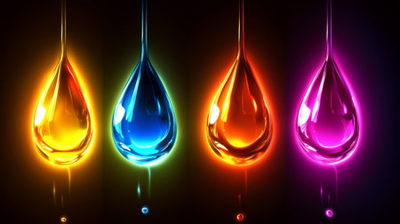 Set of colorful water drops isolated on black background. 3d illustrationの写真素材