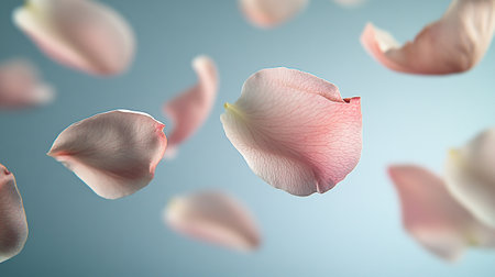 pink rose petals flying on blue background, close-upの写真素材