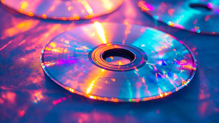 Close-up of compact disc on blue background. Selective focus.の写真素材