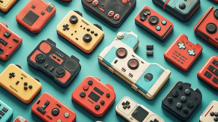 Vintage video game controllers on blue background. Retro style tonedの写真素材