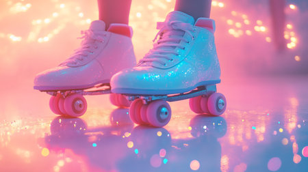 Close up of female legs in pink roller skates on light background.の写真素材