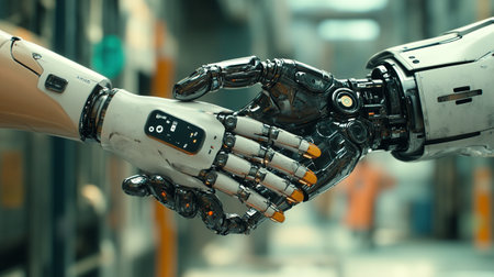3d rendering humanoid robot hand touching human hand in future technology factoryの写真素材