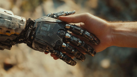 Close-up of a man's hand holding a robotic arm.の素材