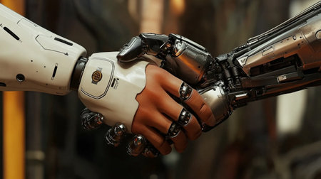 Robot hand touching human arm. Close-up. 3d renderingの素材