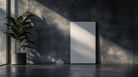 Minimalistic concrete room with a large window, a plant and a poster. 3d rendering mock upの写真素材