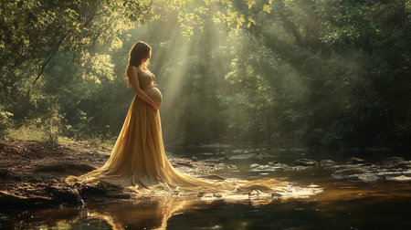Beautiful pregnant woman in long yellow dress standing on the river bankの写真素材