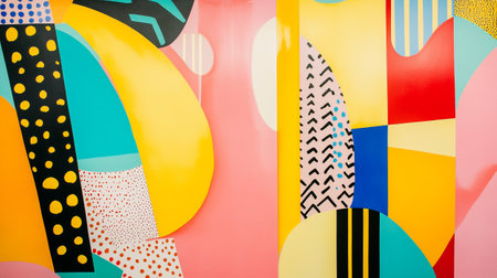 abstract background made of geometric shapes and lines in pink and yellowの写真素材