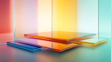Abstract 3D rendering of minimal geometric forms. Glossy surface, bright colors, beautiful podium for your design. Futuristic background.の写真素材
