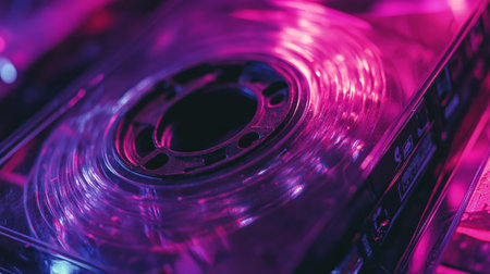 Retro audio cassette tape in purple neon light, close-upの写真素材