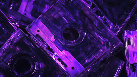 close up of old audio cassettes in purple light, abstract backgroundの写真素材