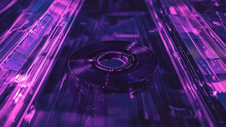 Retro vinyl record player in purple neon light. 3d renderingの写真素材