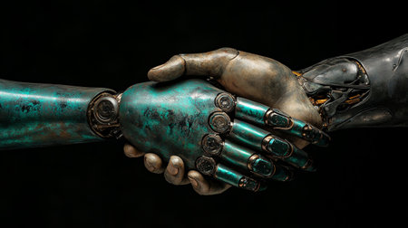 Close-up view of two metal robots shaking hands on black backgroundの写真素材