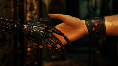 Close-up of the hands of a man and a robot.の写真素材
