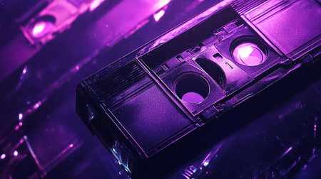 vintage cassette tape in neon light, close-up, tonedの写真素材