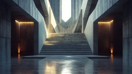 3d rendering of an empty corridor with stairs and light coming from the windowの写真素材