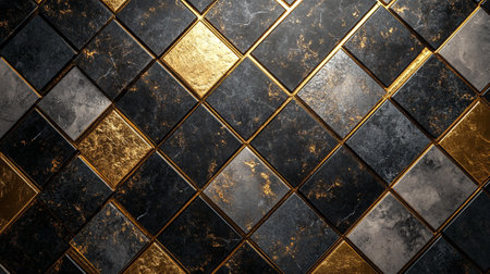Black and gold mosaic tiles wall for background. 3D illustration.の写真素材