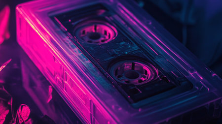 Retro audio cassettes in neon light, close-up.の写真素材