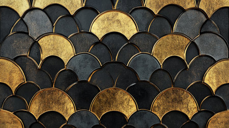Gold and black ceramic tiles wall pattern background. 3D illustration.の写真素材
