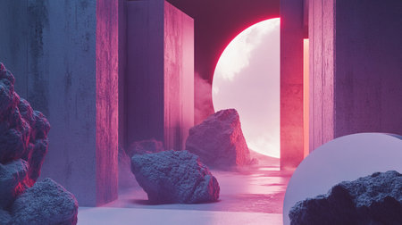 3d render of fantasy portal with red and blue stone. Futuristic background.の素材