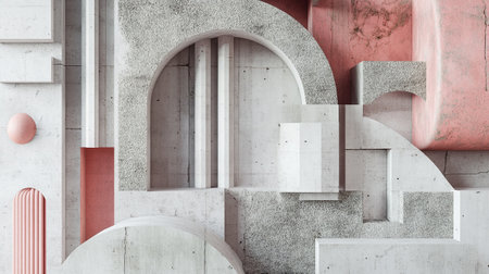 Modern concrete interior with round arch and decorative elements. 3D Renderingの写真素材