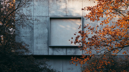 Empty billboard on the wall of a building in the autumn forest.の写真素材