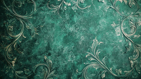 Green metal background with floral pattern and copy space for text or imageの写真素材