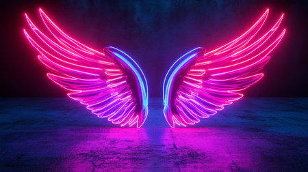 Glowing neon wings on dark concrete background. 3D Renderingの素材